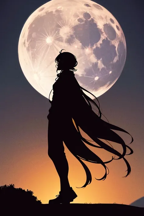 Highest quality,Big moon and shadow,A silhouette of a person can be seen against the backdrop of a large moon.,There is one full moon,There is a mood,Beautiful scenery,Starry Sky