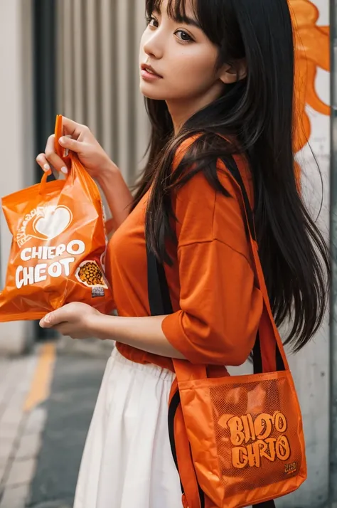 Woman guarding bag of Cheetos