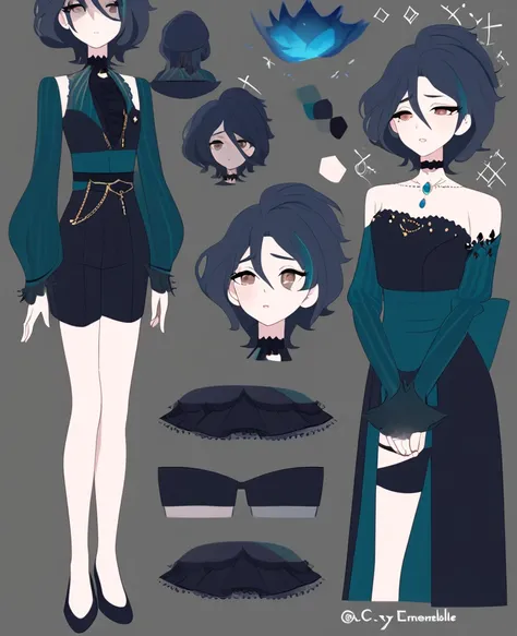 Make me an Ensemble Stars oc. Ensemble Stars art style. Give her short, messy, spikey dark teal hair, brown eyes. Dark yet formal outfit. Elegant, regal. Shorts. Female Social anxiety. Anxious. Reference sheet. Blue fire details.