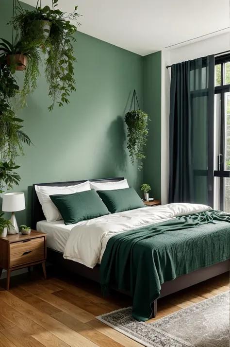 minimalist bedroom with dark hues ,raining outside ,wet green plants in background sun rays coming in room with clean furniture