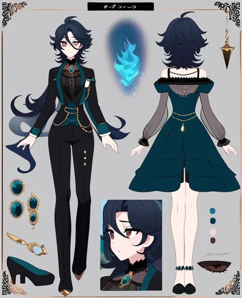 Make me an Ensemble Stars oc. Ensemble Stars art style. Give her short, messy, spikey dark teal hair, brown eyes. Dark yet formal outfit. Elegant, regal. Shorts. Female Social anxiety. Anxious. Reference sheet. Blue fire details. 34D cup chest.