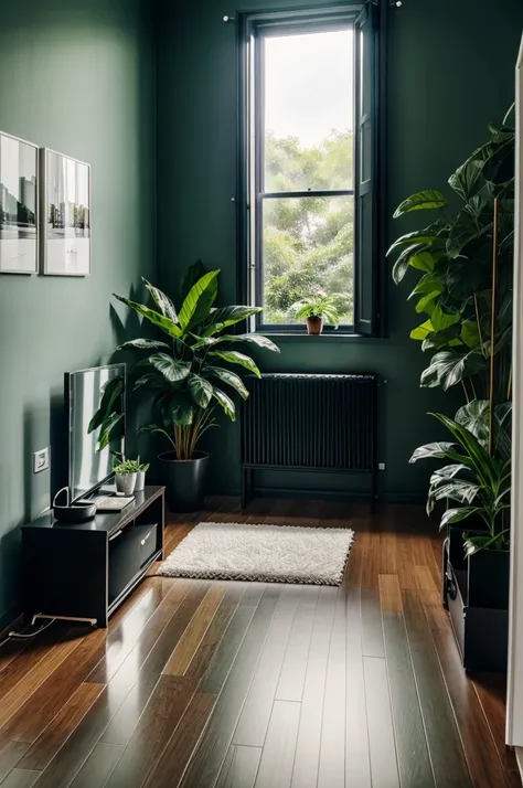 minimalist bedroom with dark hues ,raining outside ,wet green plants in background sun rays coming in room with clean furniture in picture in landscape mode 4k 