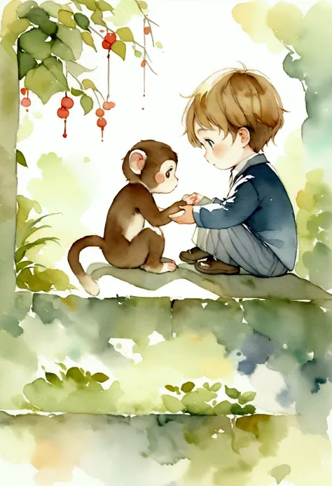 A boy about 4 years old playing with a monkey　Picture books　Watercolor