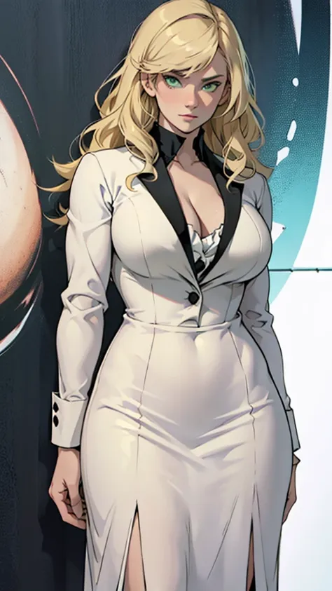 high detailed, 1 woman, solo, green eyes, pale blondie hair, curly fringe, big buson, chunky, round hips, formal black tuxedo, b...