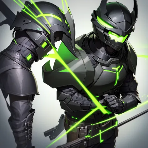 A hunter wearing black armor with bright fluorescent green details, and wears a gladiator helmet [far]