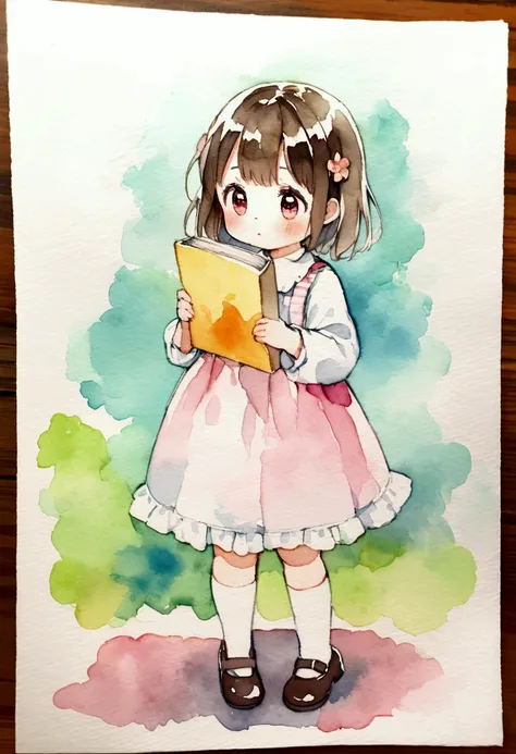 A 4-year-old girl holding a penguin　Picture books　Watercolor