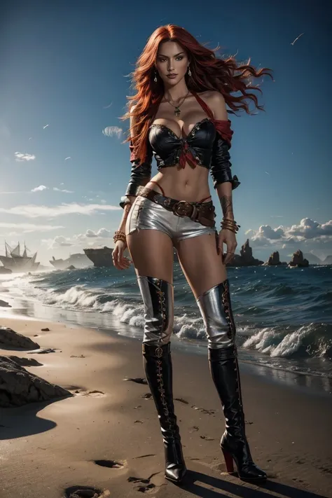 full body A woman with red hair and emerald eyes. She has an hourglass shape and poses dramatically. He wears a flowing white pirate shirt that sits low on his shoulders. His pants are leather and tight, with a seam on the side of the leg. He wears tall le...