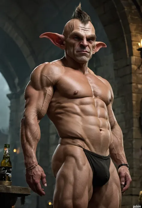 goblin,powerfull, prominent belly, bulged belly, swollen belly, muscular, tall, pointed ears