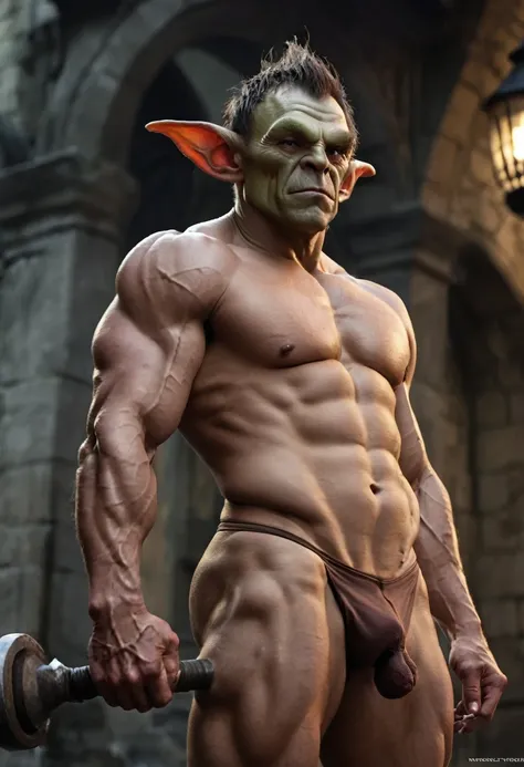 goblin,powerfull, prominent belly, bulged belly, swollen belly, muscular, tall, pointed ears