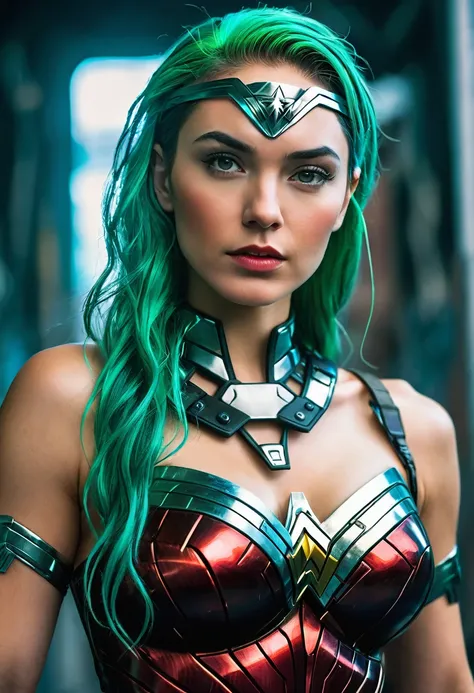 (((In extreme close-up, a cyber punk woman Jessica Green under the mantle of the Amazon warrior, a part of her hair shaved Diaema Wonder Woman Cyber Punk frontal images color images Splash Diaema Wonder Woman Wonder Woman Cyber Punk))) 