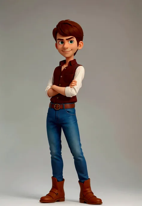 cute young man brown hair and eyes, big smile, happy, green button-down shirt, brown jeans and shoes, high quality, detailed, full body, arms crossed with attitude, medium shot photo, ultra white background, pixar style