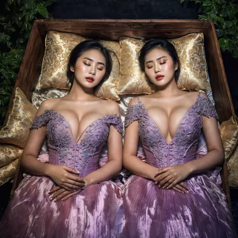 In a striking 8K HDR scene, a stunning Korean woman, 22 years old, lies peacefully in a black coffin surrounded by plush pillows. The deep box is set against a rich black background, accentuating the beauty of the subject. Her exquisite deep-V neckline keb...