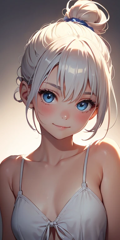 beautiful, Detailed portrait of a young girl with platinum hair, Hair tied in a high ponytail or ballerina bun, No bangs, No hair on the forehead,With blue eyes and an innocent expression, she looks straight at the viewer., Cute Smile, Front view, close