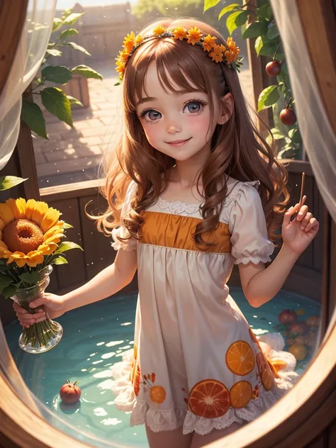 The best picture quality, detailed eyes, long eyelashes, fairy tale world, a clear jelly with lots of fruit on it, a young 5 year old girl smiling and eating jelly, a happy smile, the best smile, a very pretty innocent girl, chestnut hair, amazingly very l...