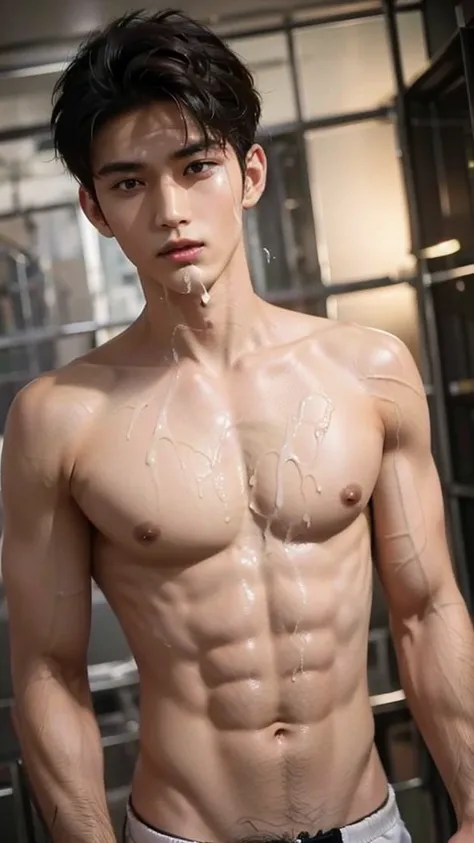 Handsome　Japanese male model 17 years old　Black Hair　Beautiful Skin　Slim and muscular　face　shoulder, nude, cum on chest and stomach, Photo slightly subtracted　童faceでカメラを見る　no background　Upper body 