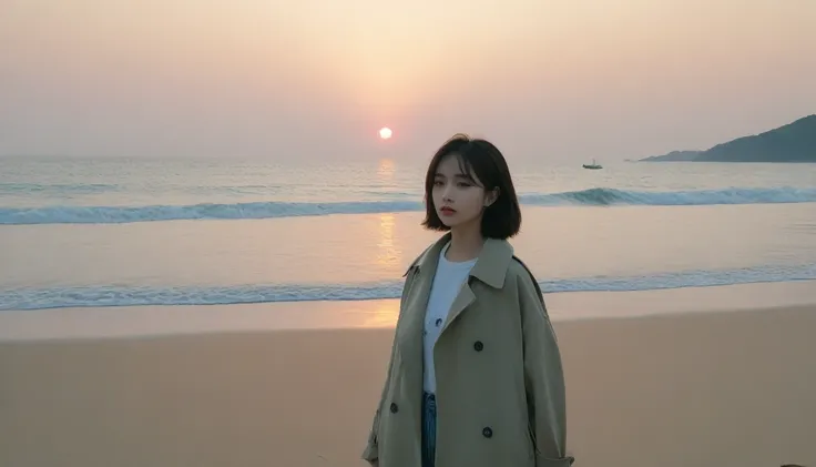 8K, Vivid picture quality, The picture quality is vivid, Realistic and perfect picture quality, long deserted beach, sunset 뷰어, short hair that touches the shoulders and covers the neck, sunset의 붉은 빛, sunset, alone, afternoon, depressed, tide가 밀려온다, ocean,...