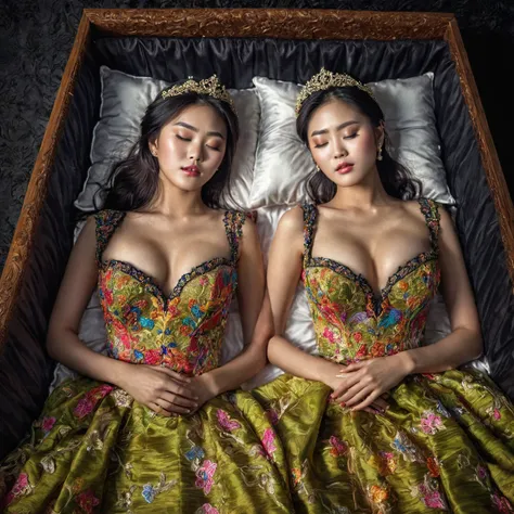 In a striking 8K HDR scene, a stunning Korean woman, 22 years old, lies peacefully in a black coffin surrounded by plush pillows. The deep box is set against a rich black background, accentuating the beauty of the subject. Her exquisite deep-V neckline keb...