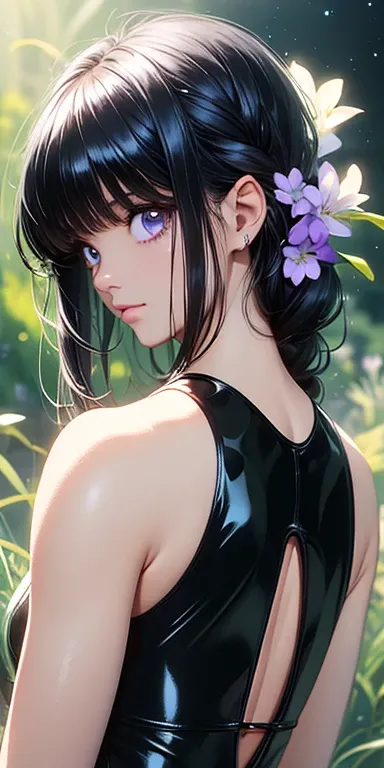 cute、Black Hair:1.5、Braided long hair、Perfect beauty、universe space、Shining white-purple aura、white latex super leotard、glowing leotard、space of silence、Anime Style、Highest quality、Ultra-detailed、Masseter muscle area:1.3、８ｋ、