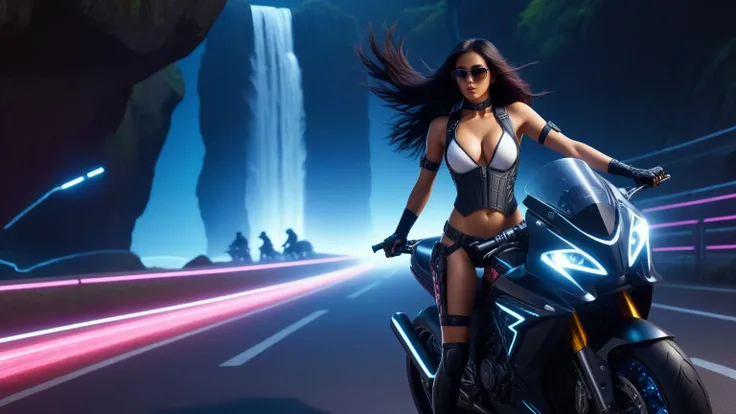 C7b3rp0nkStyle, dark night, prehistoric maze mysterial park, moai statue, waterfall, eagle, cyberpunk, sci-fi, futuristic, tech. (((((1girl, solo, alone, superbiker, close-up superbike shot))))), medium-breast:1.1 slim body, cleavage, sexy clothes, (headph...