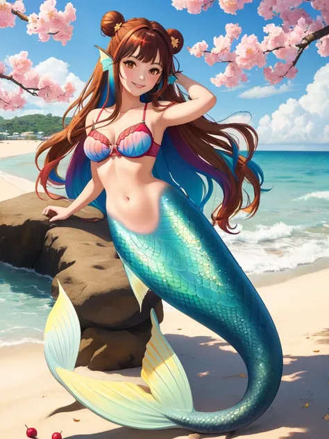 masterpiece, best quality:1.2), 1girl, smile, looking at viewer, brown hair in one bun with hair sticks, golden eyes, multicolored hair, mermaid, multicolored golden mermaid tail, laying on beach, fin ears, head fins, seashell bra, under cherry blossoms