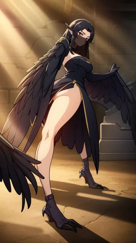 1woman,mature female,40s,sensual,black dress,black hair,pointy ears,harpy,wings,no arms,black mouth veil,((in a arena of battle,sunlight)),dancing