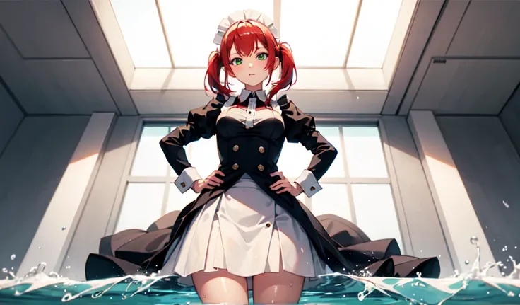 ((Highest quality)), ((masterpiece)), (detailed), One girl, A beautiful maid in a bit of a predicament,Angle from directly below,Hands on hips,Very attractive,Redhead,Beautiful green eyes,The soaked maid uniform is transparent,Pool