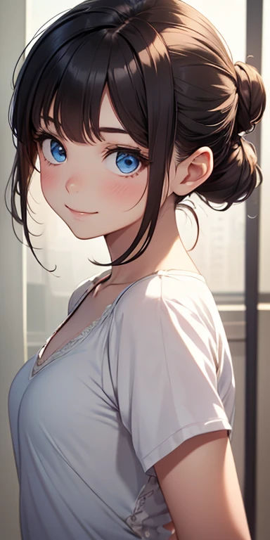 beautiful, Detailed portrait of a young girl with dark hair, Hair tied in a high ponytail or ballerina bun, No bangs, No hair on the forehead,With blue eyes and an innocent expression, she looks straight at the viewer., Cute Smile, Front view, close、From h...