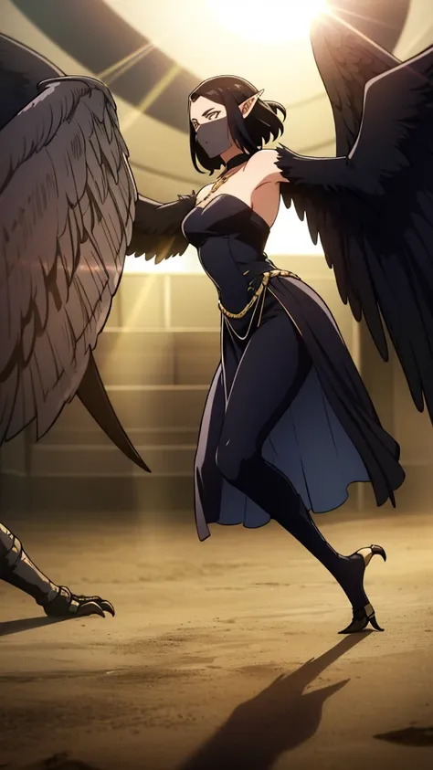 1woman,mature female,40s,sensual,black dress,black hair,pointy ears,harpy,wings,no arms,black mouth veil,((in a arena of battle,sunlight)),dancing