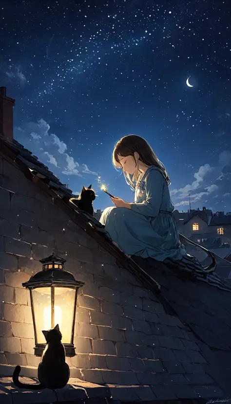 Make a wish under the stars, The night sky is like ink, Scattered Stars. A girl and a black cat are sitting on the roof, There is a small lamp next to it.. The girl closed her eyes and made a wish.., The cat made an incomprehensible noise., As if silently ...