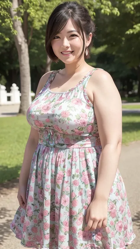 a beautiful and hot almost chubby mature woman.who is wearing a patterned short dress and is and standing in the park. a smiling...