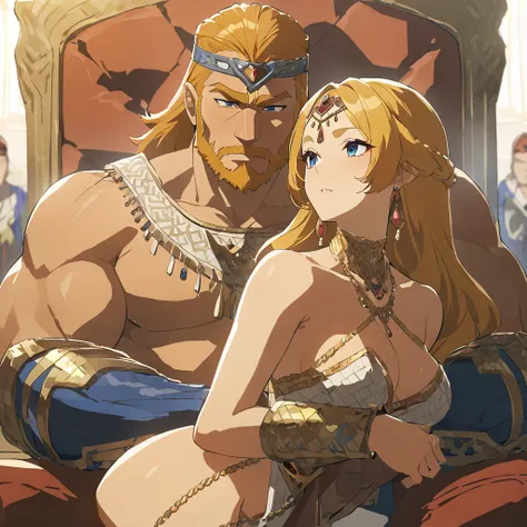 ((Highest quality)), ((masterpiece)), (detailed), （Perfect Face）、The blonde, blue-eyed Queen Zelda is holding a red-haired, brown-skinned baby.、The woman is Queen Zelda of the Gerudo tribe, with blonde hair and blue eyes, and is wearing the luxurious dress...