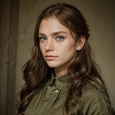 work of art, best qualityer, super verbose, illustration, lindos greeneyes detalhados, close up, A girl. russet hair, greeneyes, roupa militar, longye hair, wavy hair, serious face, freckles, tall woman, woman strong, in soldier&#39;s clothes