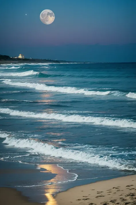 Beach with the moon high at night