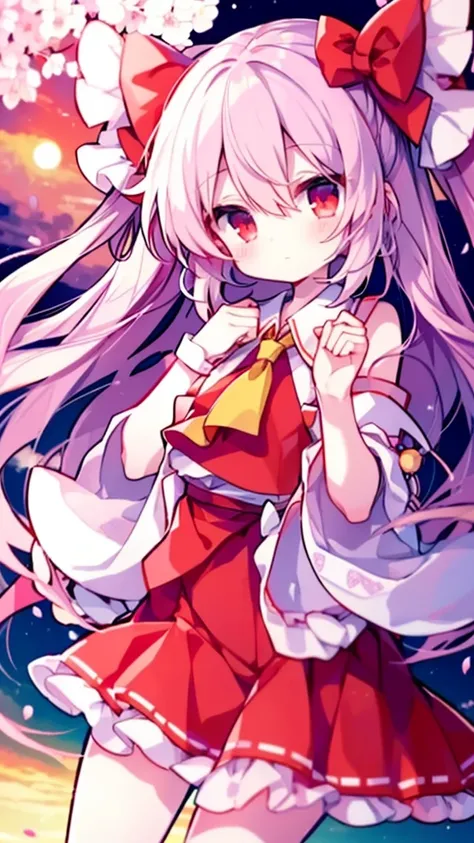 (Best image quality), Reimu Hakurei, Cherry Blossom, spring, sunset, hands back