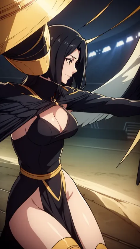 1woman,mature female,40s,sensual,black dress,black hair,pointy ears,harpy,wings,no arms,black mouth veil,((in a arena of battle,sunlight)),dancing,dynamic angle, close up