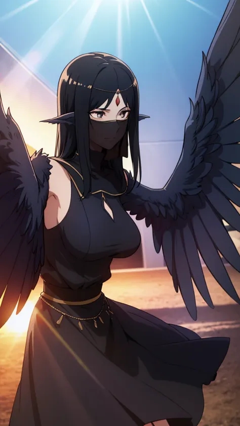 1woman,mature female,40s,sensual,black dress,black hair,pointy ears,harpy,wings,no arms,black mouth veil,((in a arena of battle,...