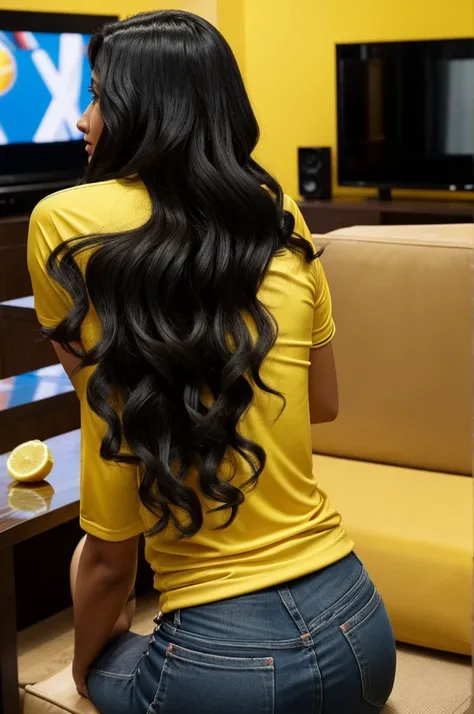 Woman from behind watching big screen TV with the Colombian National Team yellow number 10 shirt name Miriam color black hair Curly skin Morena cocktail food and friends 