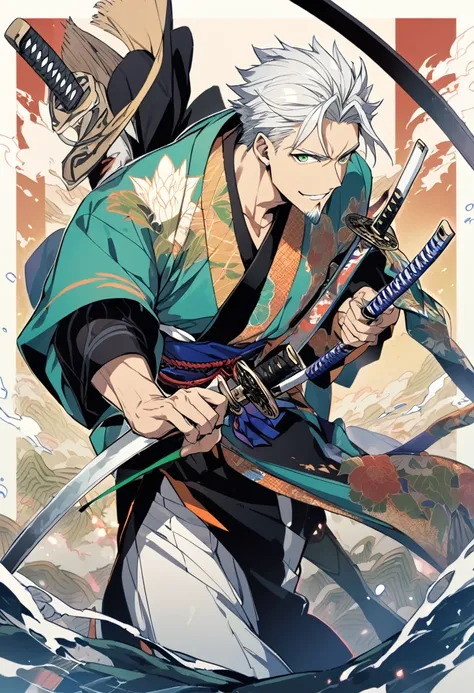 1 young boy, male focus,  details Intricate, 1 men, bonitas, White hair, vibrant green eyes, slim muscles, アニメ, 19yearsold, 19 years, a small goatee, kimono de Shinigami, Shinigami, bleach style, bleach, regatta, kimono, shortsleeves, glued sleeves, 2 Kata...