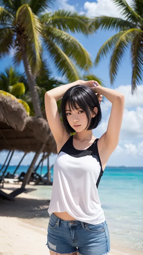 I agree to stand on the beach by the sea。She is wearing a black tank top and blue short jeans.。Short black hair down to the shoulders、I put my hands behind my head。Justice sees palm trees and the beach。White clouds are floating in the clear sky。In an anime...