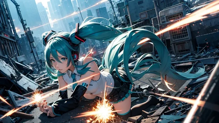 Hatsune Miku、With falling sparks on the background of a ruined city、Heavy metal style cover image。