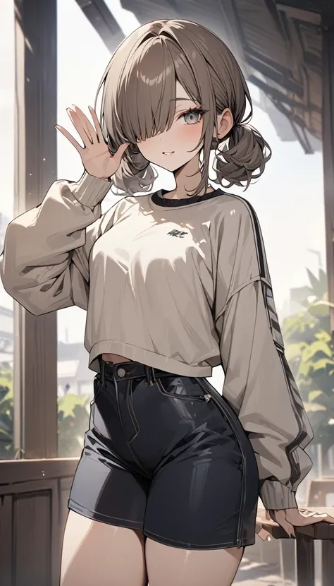 Highest quality　masterpiece　High resolution　masterpiece　Brown Bob　　Grey Eyes　high twintails covering one eye waving at the camera casual outfit