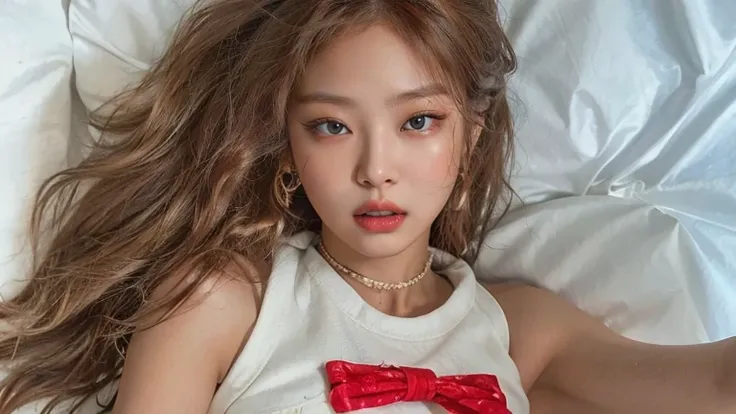 jennie kim face, full lips, big eyes, curly hair, frizzy hair, curly, coppery hair, tanned skin, realistic, photorealistic, high...