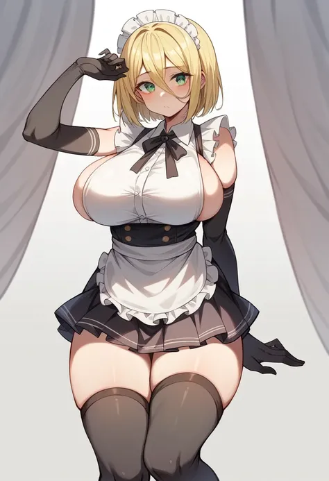 (One girl)、(bob cut)、((Blonde))、（Sato Air）、slan eyes、((boyish))、cute、(Big super breasts)、[Chubby]、Maid clothes、No sleeve、mini skirt、White sleeveless、((hairs between eyes))、thigh-high socks thighhighs、(long gloves)、flipped hair、green eye、(say)、arm behind ba...