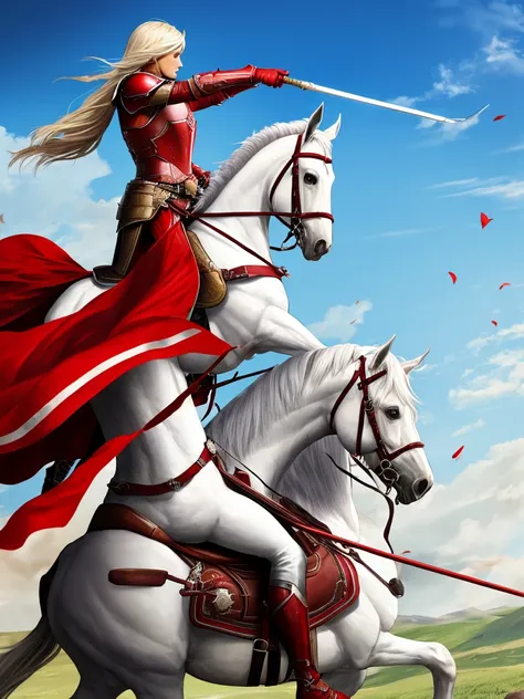 (best qualityer)
red armor,Riding on a white horse,holding a spear.
Background with a battlefield.