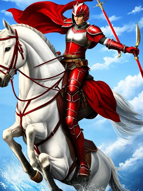 (best qualityer)
red armor,Riding on a white horse,holding a spear.
Background with a battlefield.