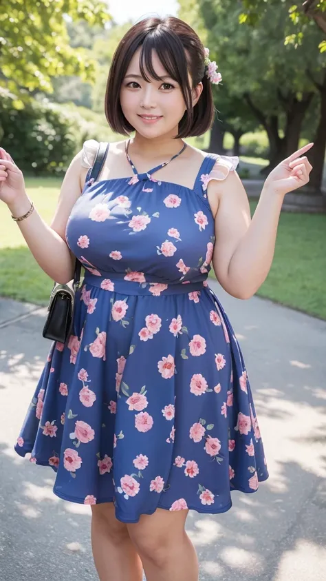 A beautiful and hot almost chubby mature woman.who is wearing a patterned short dress and is and standing in the park. A smiling face、sexy woman、A radiant smile、adorable、race、Frills、Colorful design、Full-length mirror、An inviting gaze、軽くカールのかかった長く美しい髪