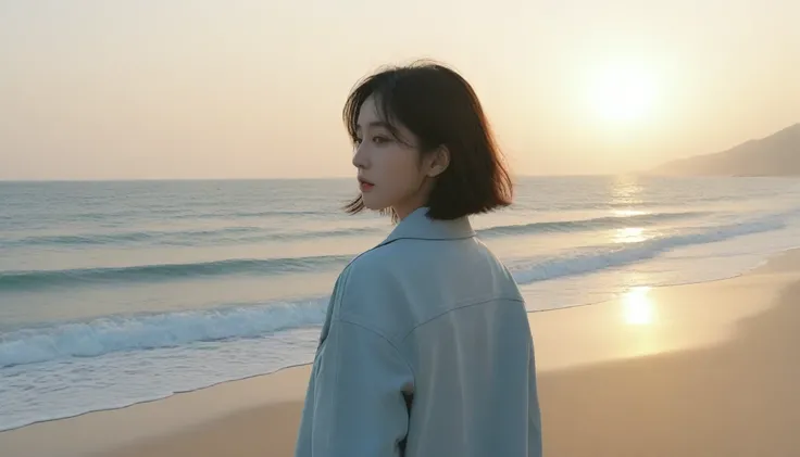 8K, Vivid picture quality, The picture quality is vivid, Realistic and perfect picture quality, long deserted beach, sunset 뷰어, short hair that touches the shoulders and covers the neck, sunset의 붉은 빛, sunset, alone, afternoon, depressed, tide가 밀려온다, ocean,...