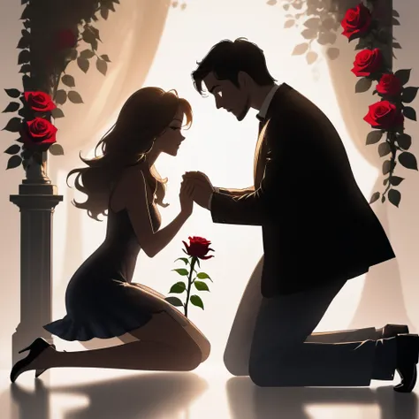 In a romantic gesture, a man kneels on one knee, offering a rose to a woman standing in front of him. The silhouette captures the tender moment of a proposal, with the man holding the flower up toward the woman, who is looking down at him.