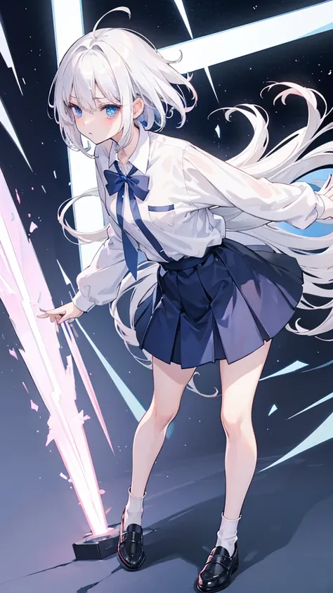 "anime girl, 1 person, silver white hair, dark blue eyes,(( womens shirt)), womenvest,school uniforms,dark blue dress, white socks, moderate chest, stern face, full body,独奏, seen from many different angles,"(full HD 4K+ image)",submarine,PINK underwear,Yi ...