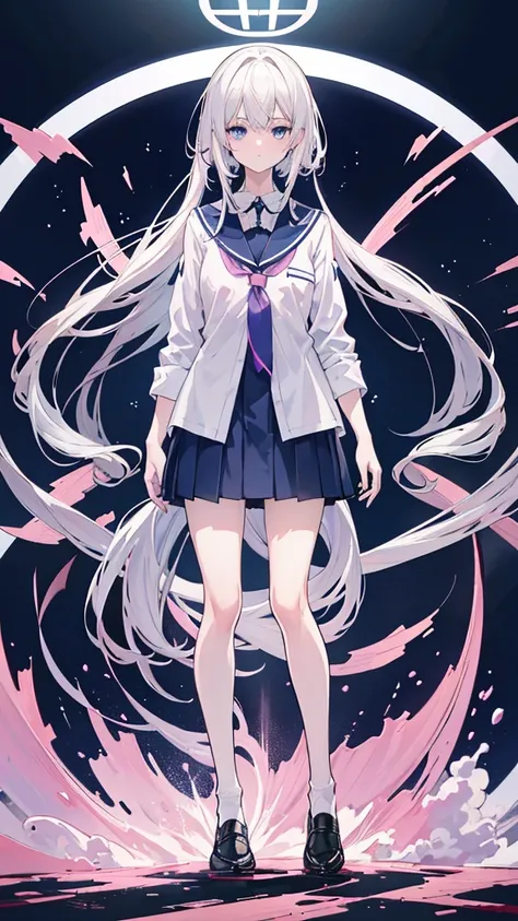 "anime girl, 1 person, silver white hair, dark blue eyes,(( womens shirt)), womenvest,school uniforms,dark blue dress, white socks, moderate chest, stern face, full body,独奏, seen from many different angles,"(full HD 4K+ image)",submarine,PINK underwear,Yi ...